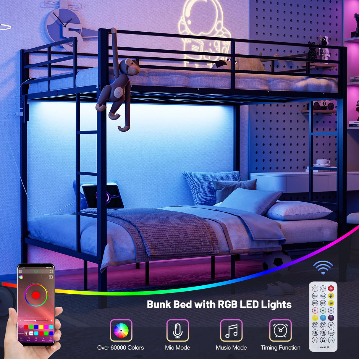 IKIFLY Full Over Full Bunk Beds with LED Lights and Charging Station, Heavy Duty Metal Full Size Bunk Bed Frame, Safety Guardrail & 2 Ladders, Space-Saving Design, No Box Spring Needed, Black IKIFLY