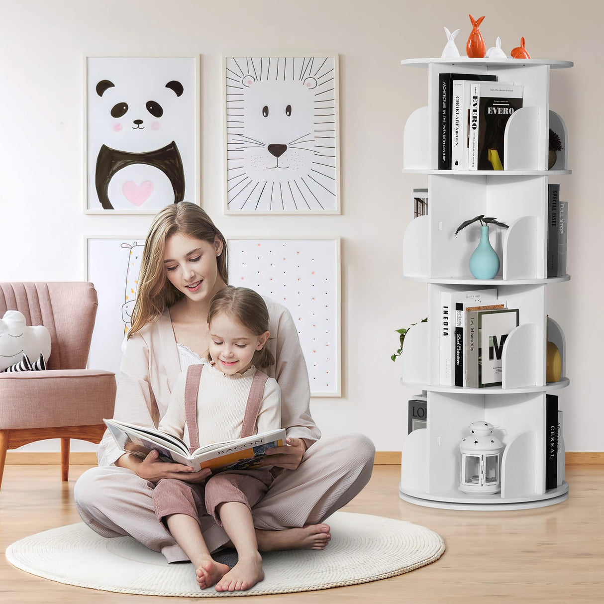 Rengue Rotating Bookshelf Tower, 4 Tiers 360 Spinning Bookshelf Revolving Bookcase Corner Bookshelf Organizer Display Bookshelf for Small Space, Bedroom, Living Room, Office, White Rengue