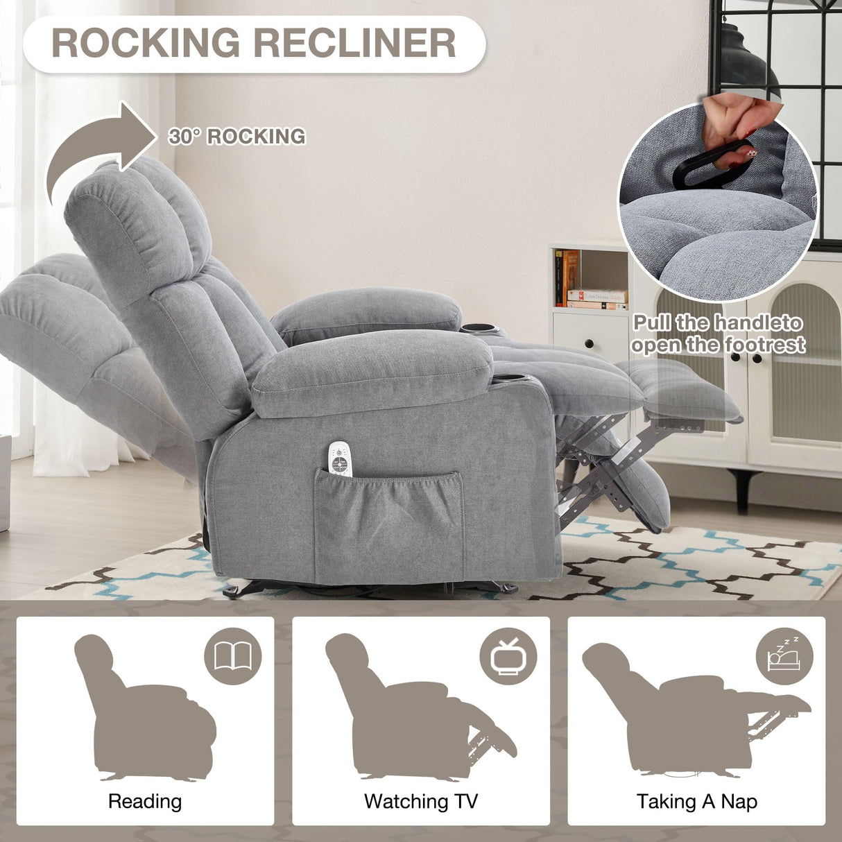 Massage Rocker Recliner Chair with Heat and Vibration Ergonomic Rocking Lounge Chair for Living Room Comfy Overstuffed Recliner with 4 Side Pockets,2 Cup Holders, USB Charge Port, Grey jonpony