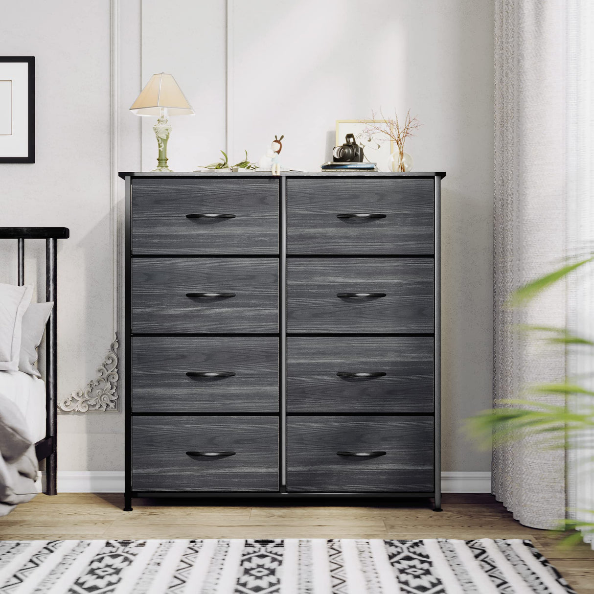 YITAHOME Cloth Dresser with 8 Drawers - Fabric Dresser for Closet, Chester Drawers for Bedroom, Hallway, Closets - Sturdy Steel Frame, Wooden Top & Easy Pull Fabric Bins, Charcoal Black Wood Grain YITAHOME