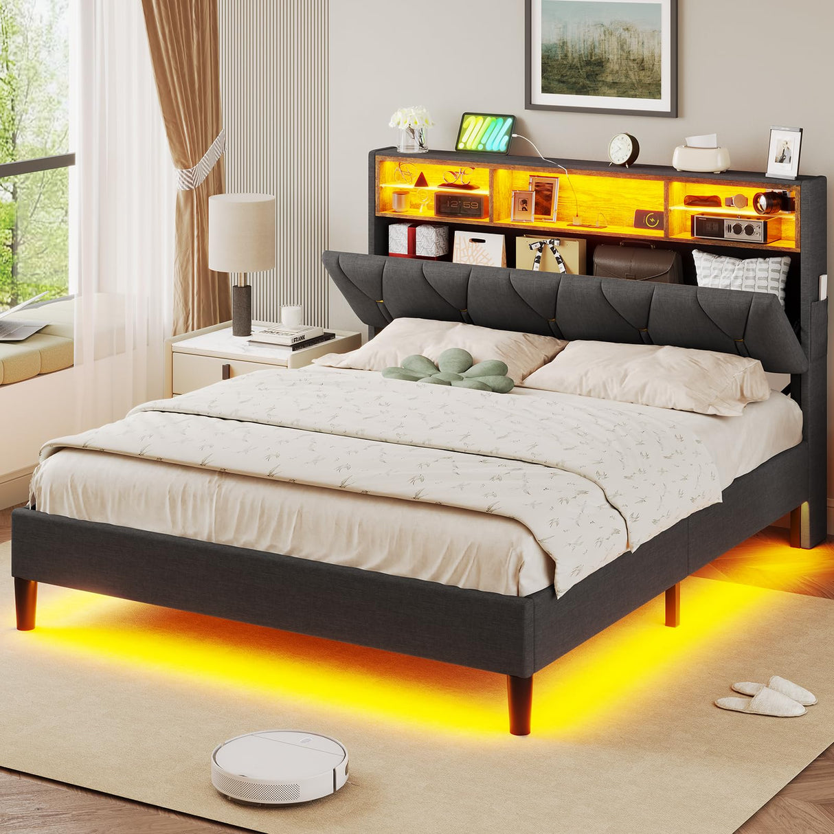 ADORNEVE Full Size Bed Frame with LED Lights and Storage Headboard, LED Bed Frame with Outlets and USB Ports, Upholstered Platform Bed with Hidden Storage, Easy Assembly, Dark Grey ADORNEVE