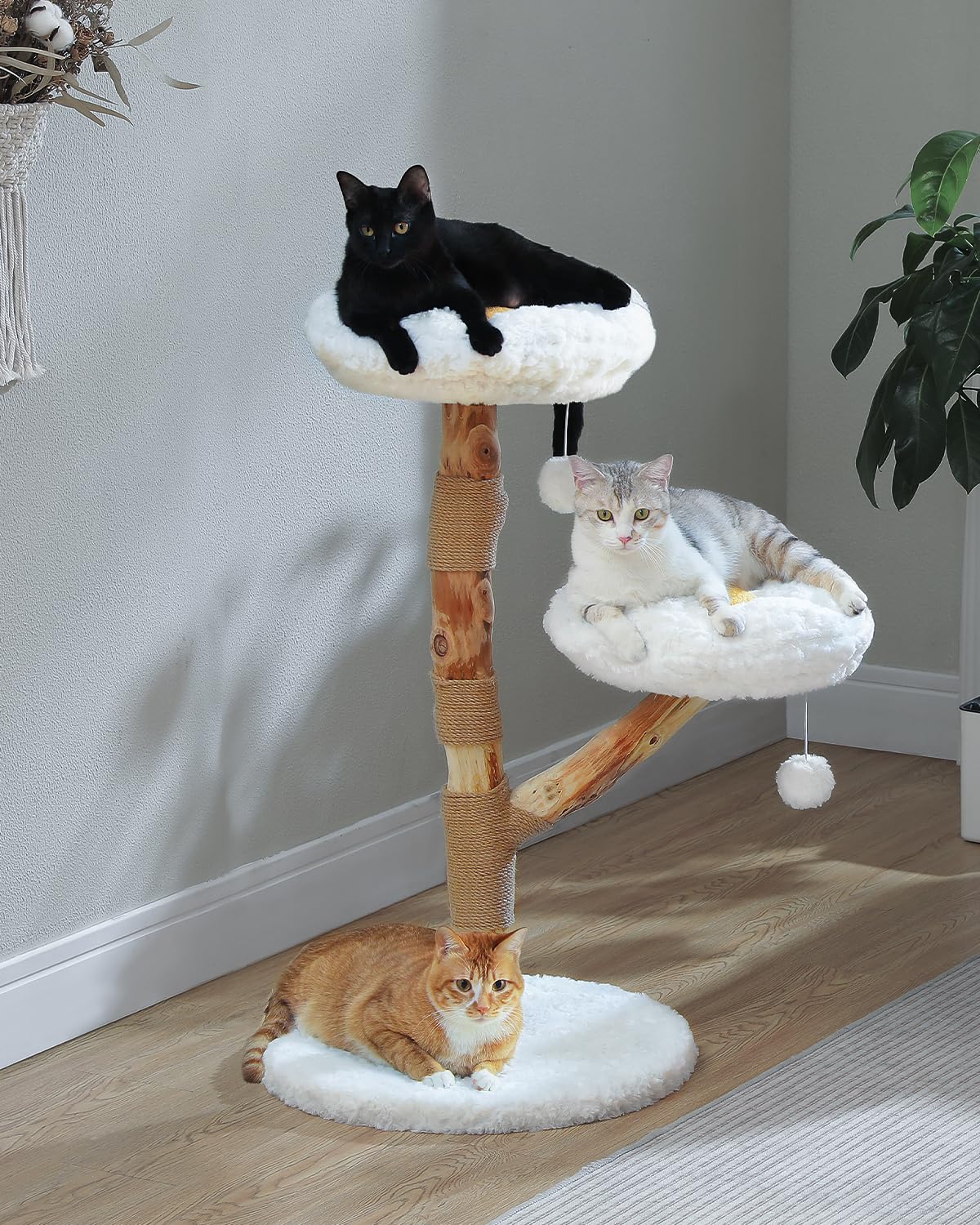 MUTTROS Wood Flower Cat Tree, Modern Cat Tower with Real Wood Branches, Luxury Boho Furniture with Scratching Post and 2 Perches, Cat Climbing Tower for Indoor Cats, Cloud White MUTTROS