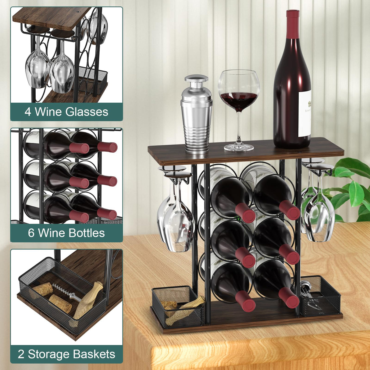 VyGrow Wine Rack, Sturdy Wine Holder, 3 Tier Wood & Metal Wine Racks Counertop, Easy Assembly Wine Bottle Holder for 6 Bottles and 4 Glasses for Home, 6.29" D x 16.14" W x 15.82" H VyGrow