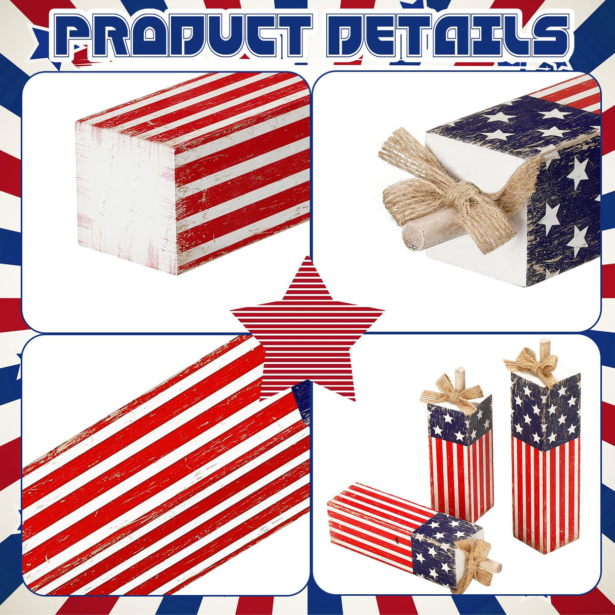Redbaker 3 Pcs Patriotic Tiered Tray Decor Memorial Day Decorations 4th of July Wood Table Block and Centerpieces Rustic Farmhouse Wooden Firework Sign for Home Tabletop Shelf Decor Redbaker
