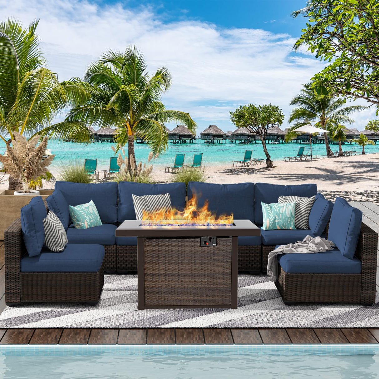 gaildon 7 Piece Patio Furniture Set with 42" Fire Pit Table Outdoor Sectional Conversation Sofa Set with Coffee Table and Comfortable Cushions, Blue gaildon