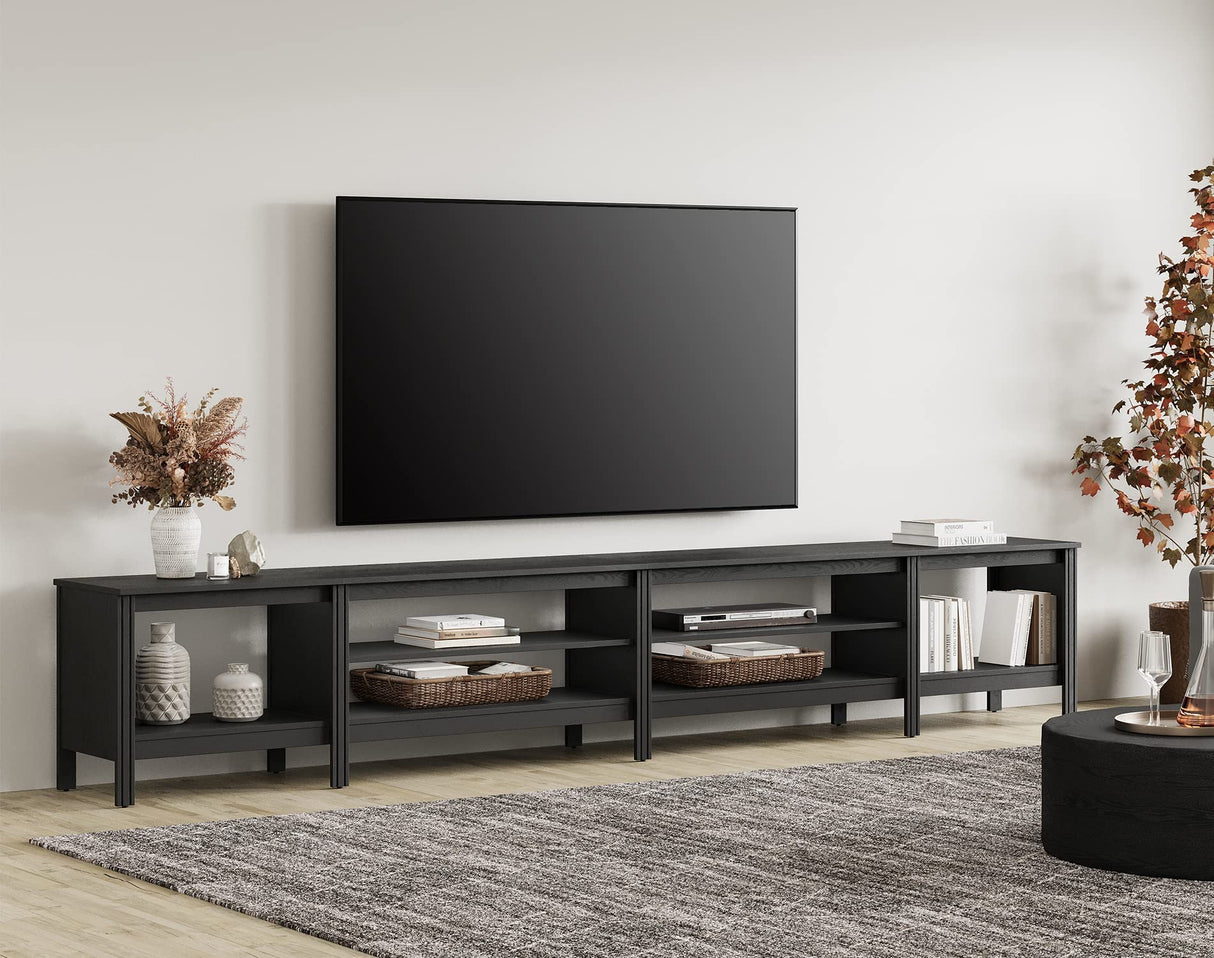 WAMPAT Farmhouse TV Stand for 100 Inch TV, Wood Entertainment Center for 80 85 90 95 inch TV Console Table with 6 Cubby Storage for Living Room Bedroom, Black WAMPAT