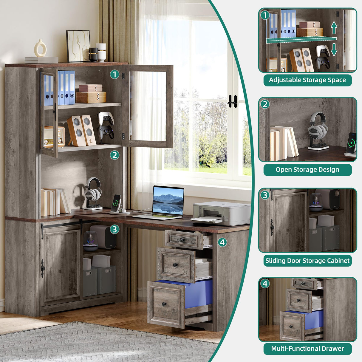 YITAHOME L Shaped Executive Desk with Hutch and Drawers, Farmhouse Home Office Desk with Power Outlet, Wood Corner Computer Desk with Sliding Door, Storage Cabinet with Glass Door, Grey & Walnut YITAHOME