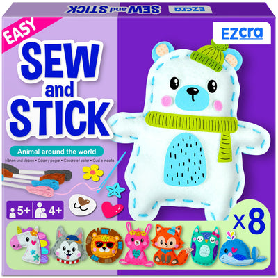 EZCRA Sewing Kit for Kids - 8-in-1 Kids Sewing Kit - Easy to Do Craft Kits for Ages 4-8 - Sewing Crafts - Extra Felt Stickers for Decoration - No Mess with Full Instructions