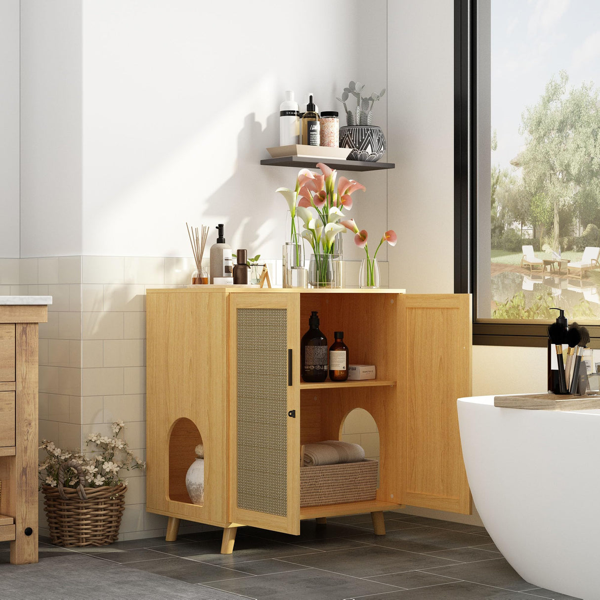 Lovinouse Large Cat Litter Box Enclosure, Hidden Cat Washroom Furniture with Sisal Covered Doors, 2 Layer Wooden Cat Cabinet with Adjustable Shelf, Side Table TV Stand for Living Room Lovinouse