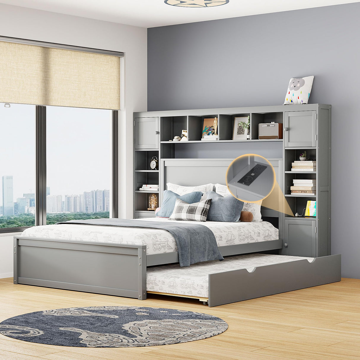 Queen Storage Bed with Bookcase Headboard, Queen Size Platform Bed with Trundle and 2 Storage Drawers, Solid Wood Queen Size Bed Frame with Cabinet and Shelf, No Box Spring Needed (Gray) Harper & Bright Designs