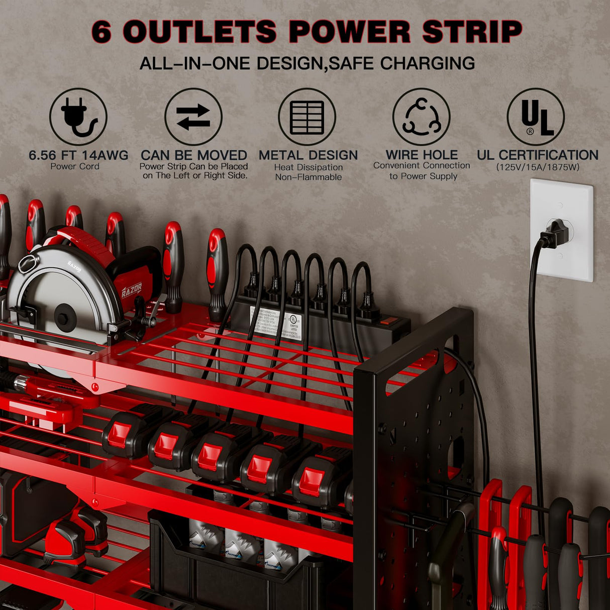 NattyDot Power Tool Organizer Wall Mount with Charging Station 4 Layer 6 Slot Cordless Drill Holder with Angle Grinder Holder (Red) NattyDot