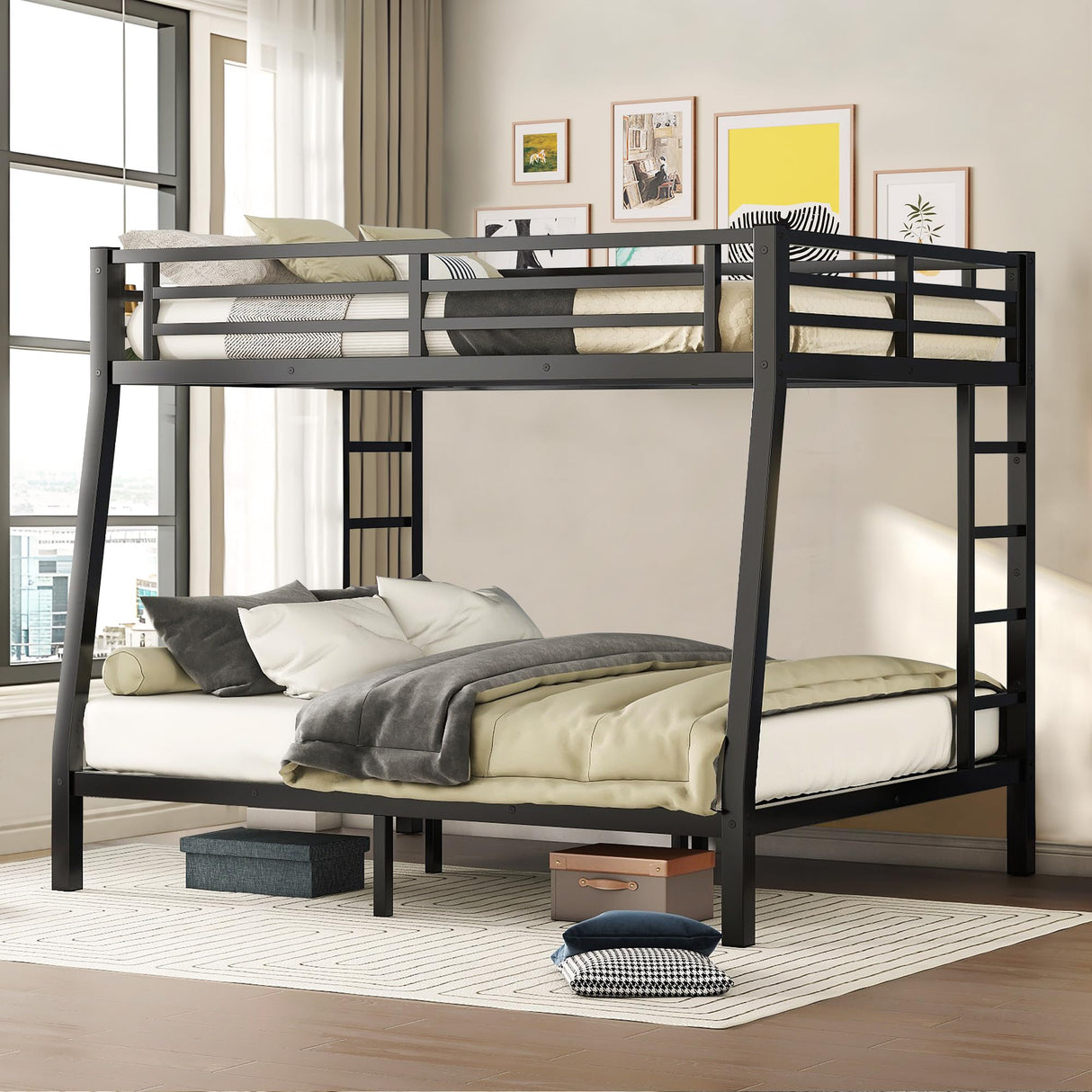 CAPCAEK Heavy Duty Metal Bunk Bed Full XL Over Queen Bunk Bed Frame for Adults, Bunkbeds with 2 Ladder, Noise Free Frames,No Boxing Spring Needed (Under-Bed Clearance 10", Full XL Over Queen Bunk) CAPCAEK
