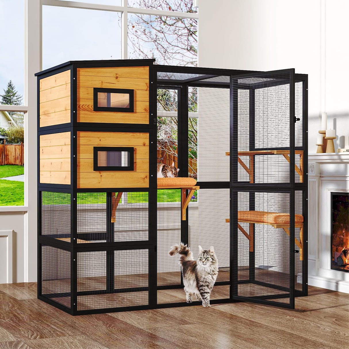 TIMHAKA Large Indoor Cat Catio, 4 Tier Outdoor Cat Enclosures House for Cats with Waterroof Roof, 3 Resting Rooms, 3 Platforms, Cats Catio Connect to Window with 2 Large Door, Feral Pet Shelter, Black TIMHAKA