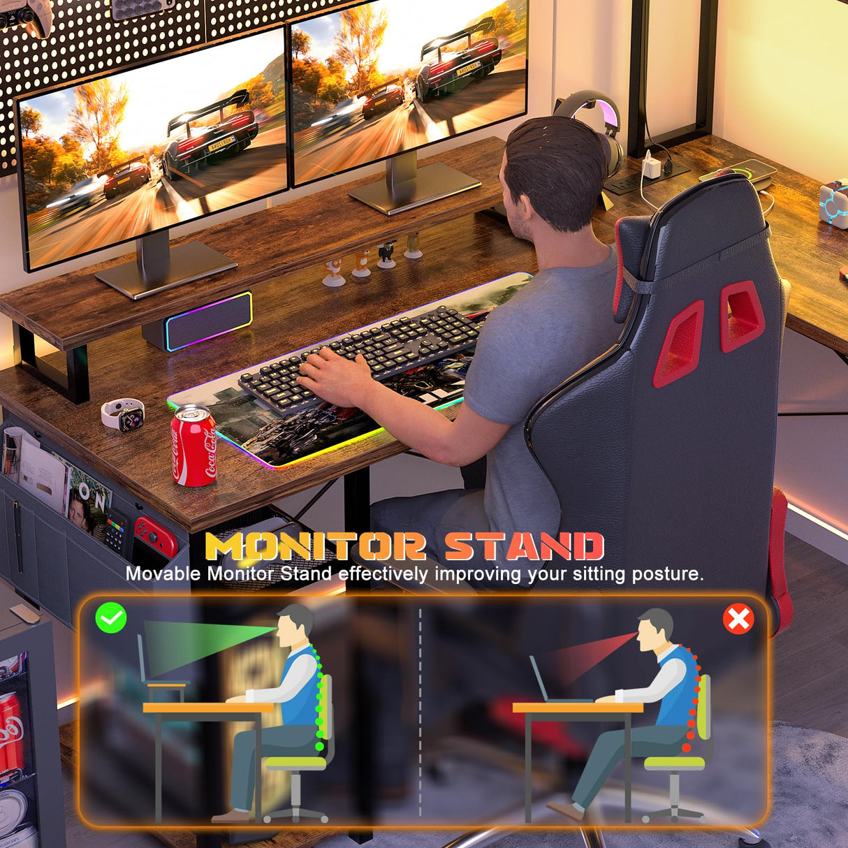 Aheaplus Small L Shaped Gaming Desk with LED Lights & Power Outlets, Reversible L-Shaped Computer Desk with Monitor Stand & Storage Shelf, Corner Desks Home Office Desk with Storage Bag, Rustic Brown Aheaplus