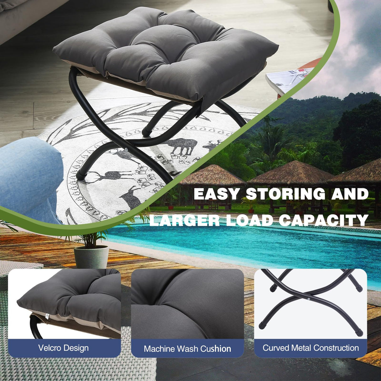 WELL-STRONG 15" Foldable Foot Stool Ottoman with Metal Frame - Washable Dark Grey Upholstered Indoor/Outdoor Footrest for Living Room, Bedroom, Patio - Space-Saving Compact Design WELL-STRONG