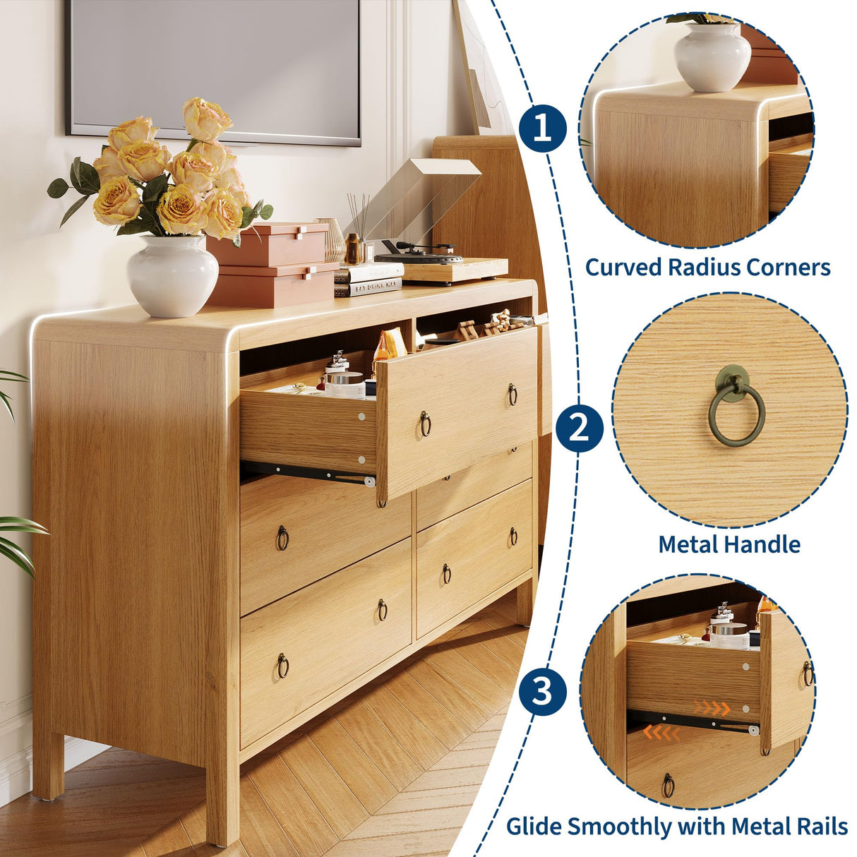 IDEALHOUSE 6 Drawer Dresser, Storage Organizer with Sturdy Metal Handle, TV Stand for 55 inch TV, Chest of Drawers for Living Room, Hallway, Closet IDEALHOUSE