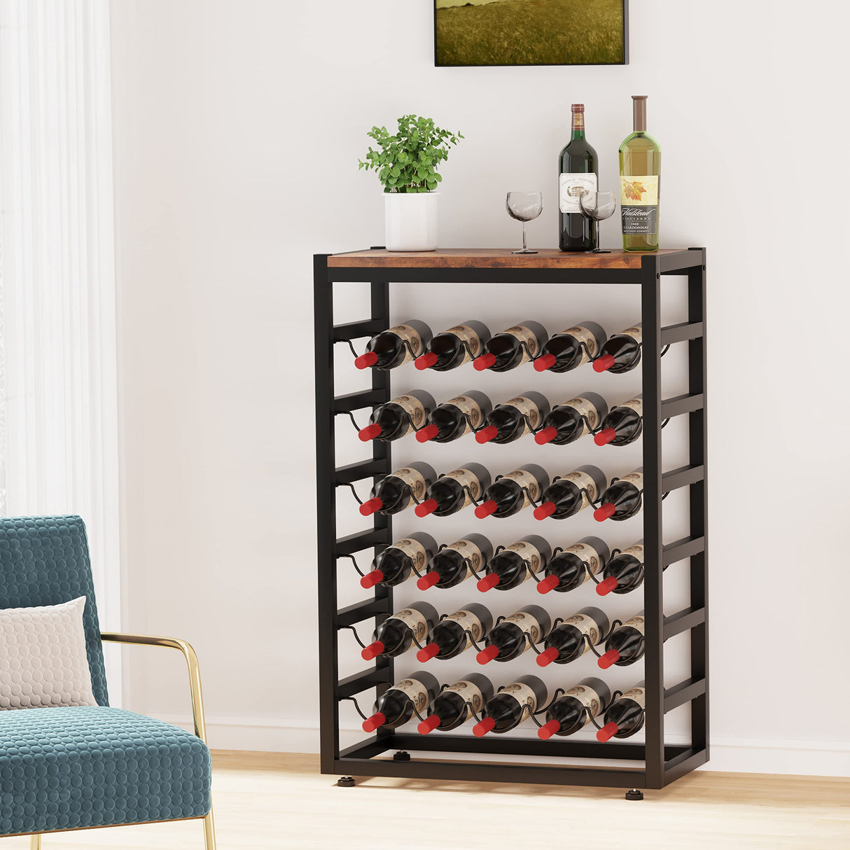 Dripex 30 Bottles Wine Rack Free Standing Floor, 6-Tier Display Wine Storage Shelves with Wooden Table Top, Sturdy Metal Bottle Holder for Kitchen Bar Pantry 23.2''L x 11.8''W x 34.7''H Dripex