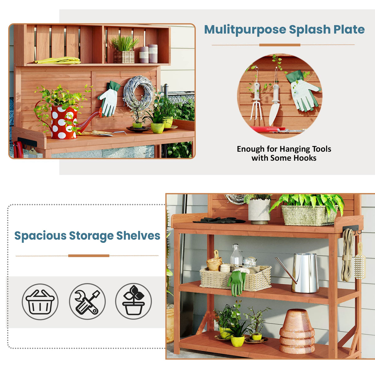 Polibi Potting Bench Table with 4 Storage Shelves and Side Hook, 65" Large Wooden Farmhouse Rustic Outdoor Patio Workstation, Garden Potting Bench with Splash Plate Polibi