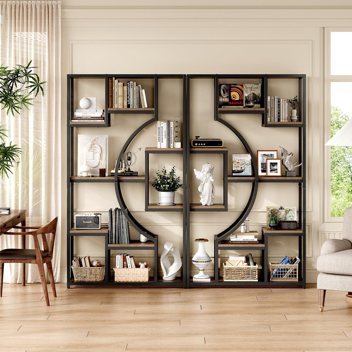 70.8" Tall Bookshelf Set of 2, 79" Wide Geometric Display Shelf with 18 Open Storage Shelves, Scratch-Resistant Gray Wash & Metal Frame, for Living Room, Office, Bedroom – Anti-Tip & Adjustable Feet HolliWill