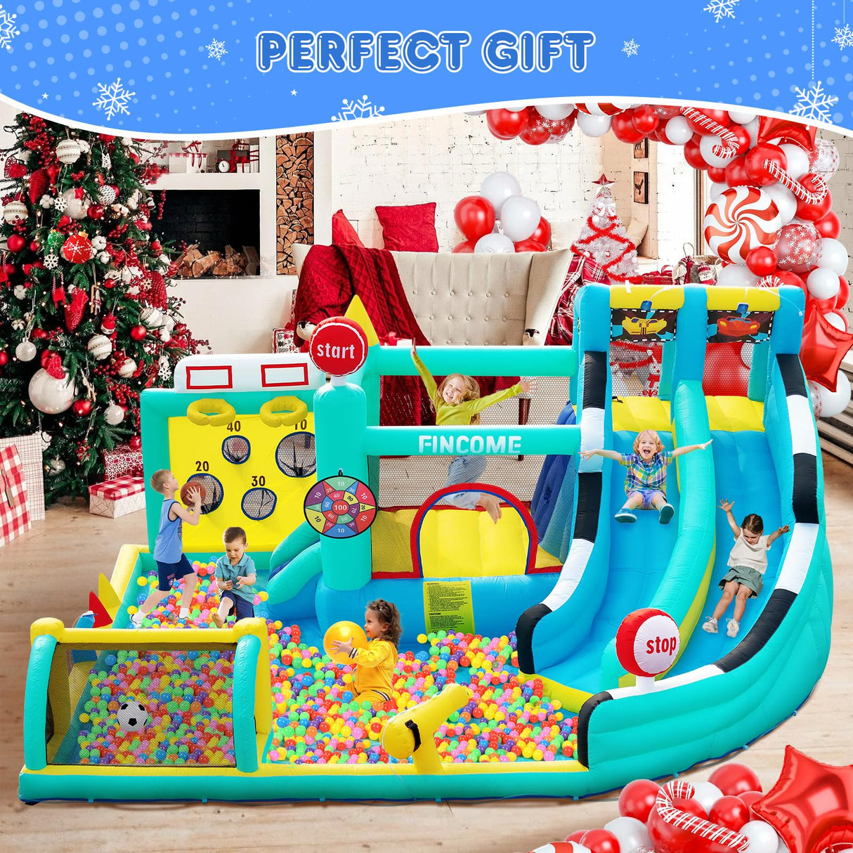 FINCOME Bounce House Double Slides for Kids 3-12, Large Bounce Castle with Air Blower 550W, Pool, Jumping, Climbing, Balls, Ring Toss, Inflatable Water Park for Birthday Party Holiday Outdoor Indoor FINCOME