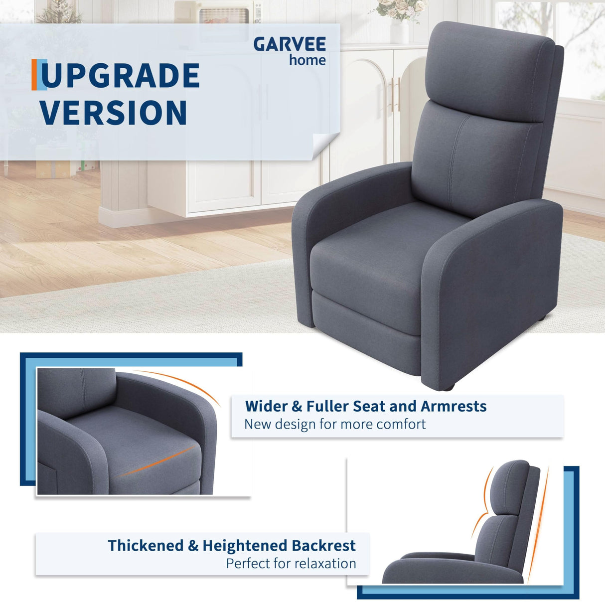 Garvee Recliner Chair for Adults, Lazy Recliner Ergonomic Adjustable Single Sofa Enhanced with Side Pocket, Tall Back, Wide Arms & Padded Seat, Home Theater Seating for Living Room Garvee