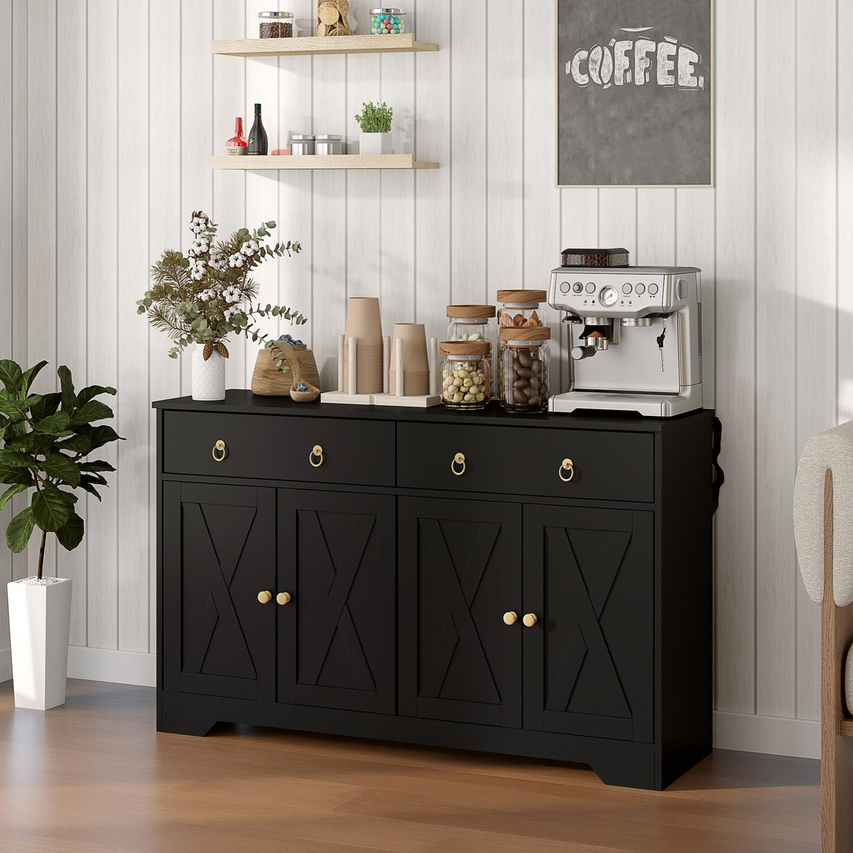 HOMCOM Sideboard Buffet Cabinet with Storage, 48" Kitchen Storage Cabinet with 2 Drawers and 4 Barn Doors, Farmhouse Coffee Bar Cabinet with Adjustable Shelves, Black HOMCOM