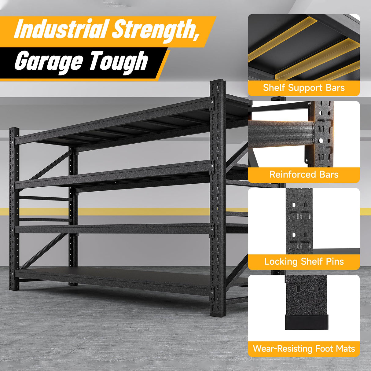 8000LBS Heavy Duty Garage Shelving Units, 68" Wide Metal Storage Shelves, Black 4 Tier Storage rack, Industrial Shelving, Adjustable Standing Shelf for Industries, Warehouses (68"W x 24"D x 63.5"H) heycode