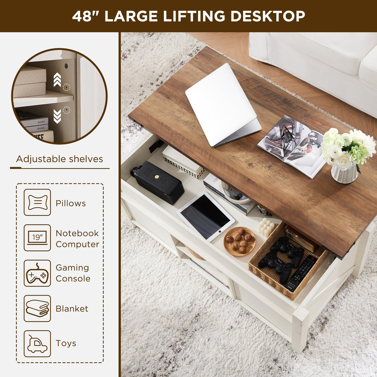 OKD Farmhouse Lift Top Coffee Table with Sliding Door, 48" Large Rustic Center Table with Hidden Storage Compartment, Lifting Tabletop, Adjustable Shelf for Living Room, Office,Antique White OKD