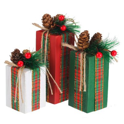Glenmal 3 Pcs Christmas Table Centerpieces Xmas Wood Gift Boxes Decor Rustic Faux Present Blocks with Bow Ribbon for Holiday Tree Tiered Tray Decoration(Red Green White,Buffalo Plaid Style)