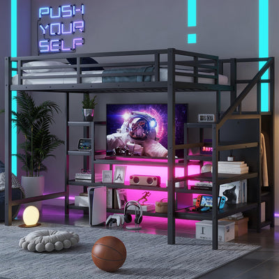 Full Size Loft Bed with LED Light & TV Table, Adults Loft Beds with Charging Station & Storage Bookcase, Wardrobe, Heavy-Duty Metal Lofts Frame with Stairs for Kids, Teens & Youth Dorms, Black