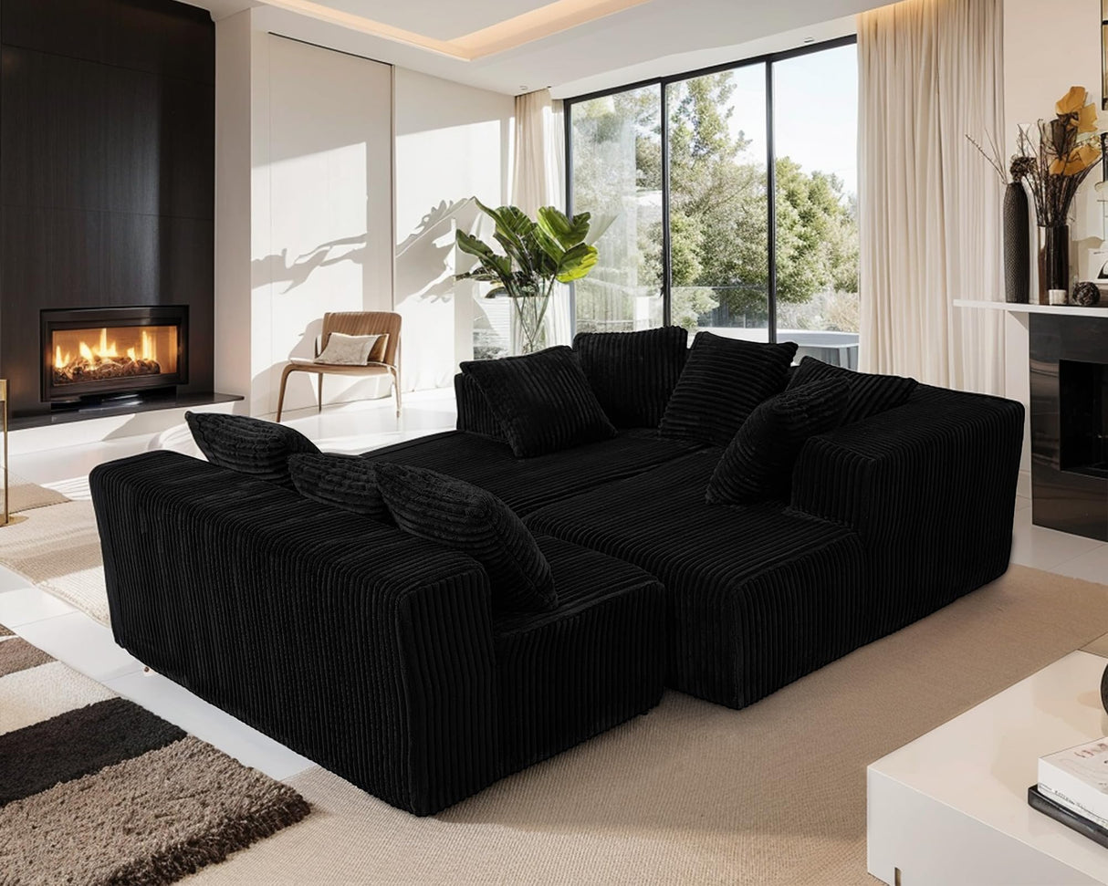 130" Cloud Boneless Sectional Couches for Living Room, U/L Shaped Couch with Deep Seat Chaise, High Density Foam Compression Sofa, Modular Corduroy Sleeper Sofa Bed with 8 Pillows No Assembly CAPCAEK