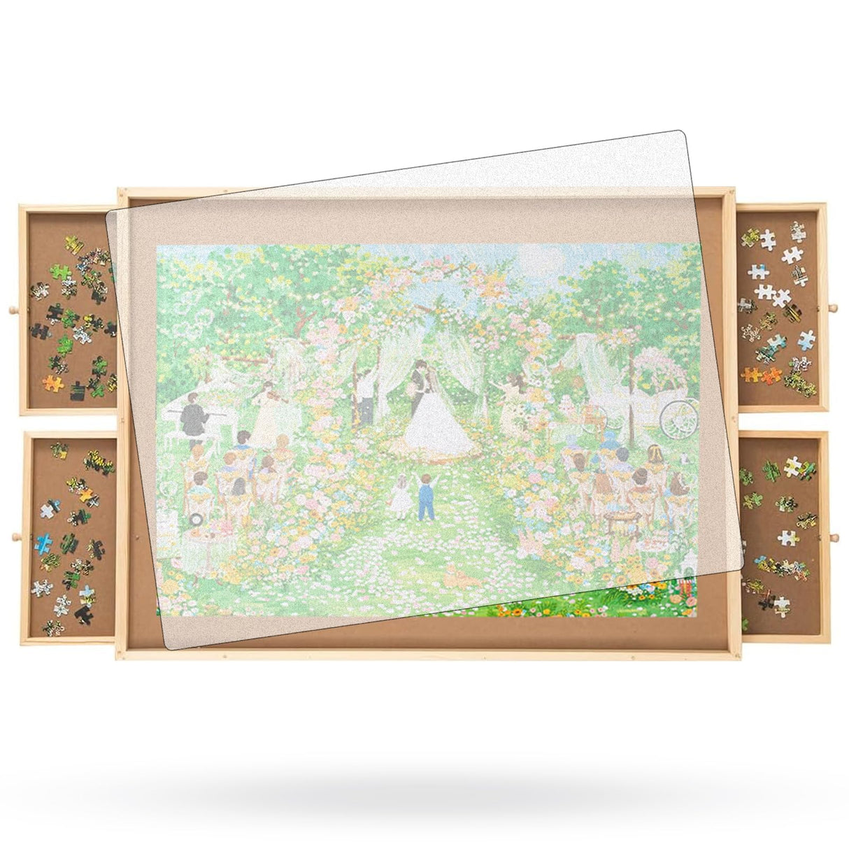 500 Piece Puzzle Board with Drawers, 14" x 28" Jigsaw Puzzle Table with Cover Mat, 4 Drawers, Small Puzzle Table, Birthday Gifts FAMILON