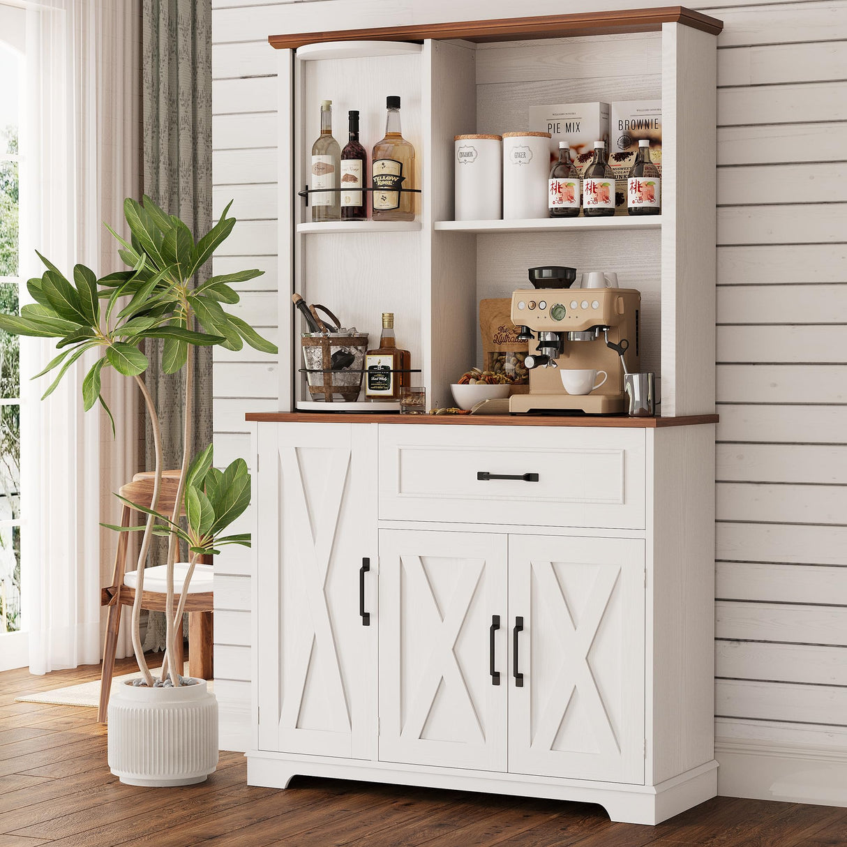 IRONCK Farmhouse Kitchen Pantry Cabinet with Charging Station, Kitchen Hutch Storage Cabinet with Microwave Stand and Rotating Rack for Kitchen, Dining Room, White IRONCK