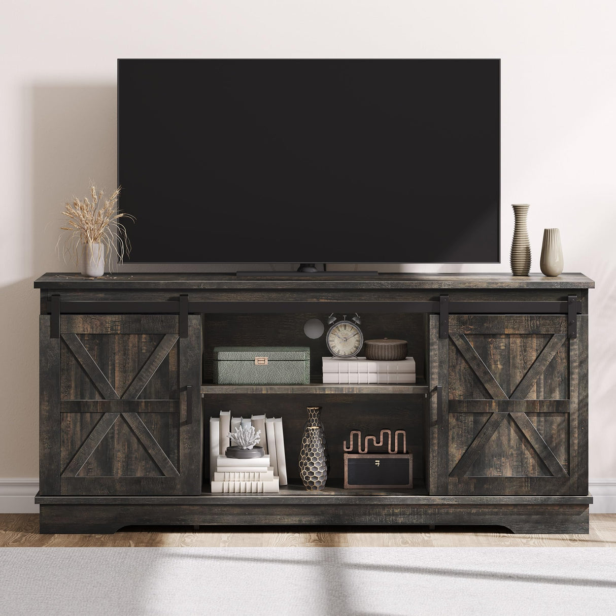 DWVO TV Stand for TVs up to 65 Inch, Farmhouse Entertainment Center with Storage Cabinets and Sliding Barn Doors, Rustic Media TV Console Table for Living Room, Dark Rustic Oak DWVO