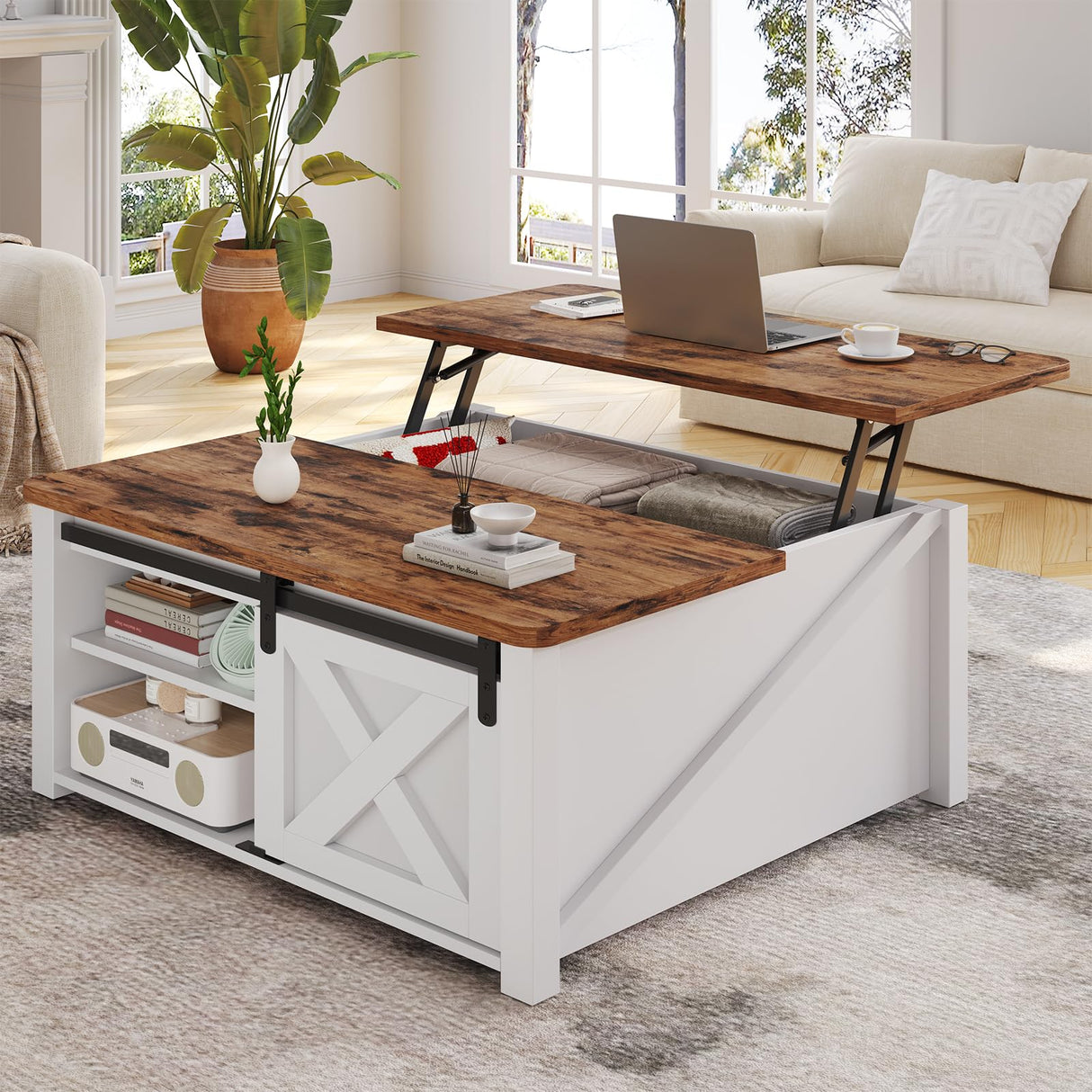 SEDETA 31.5" Lift Top Coffee Table with Storage, Square Coffee Table for Living Room, Farmhouse Coffee Table with Large Hidden Storage Compartment and Adjustable Shelves, White SEDETA