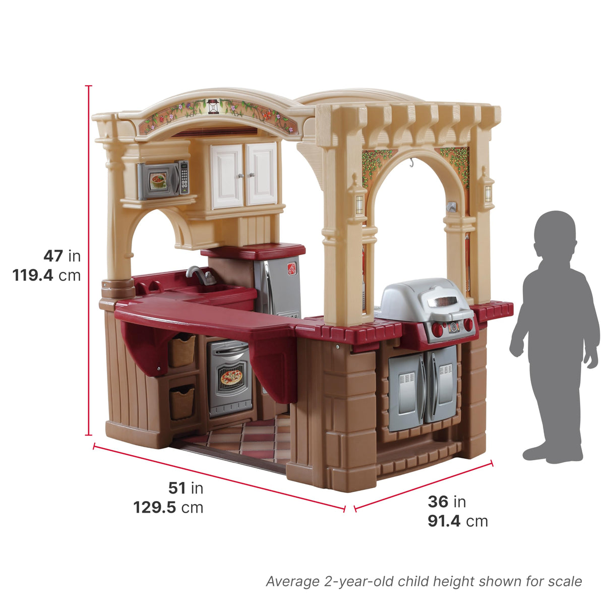 Step2 Grand Walk-In Kitchen & Grill Kids Playset, Indoor/Outdoor Kitchenette, Interactive Play with Lights and Sounds, Durable Plastic, 103 Piece Toy Accessories, Toddlers 2+ Years Old, Brown/Tan Step2