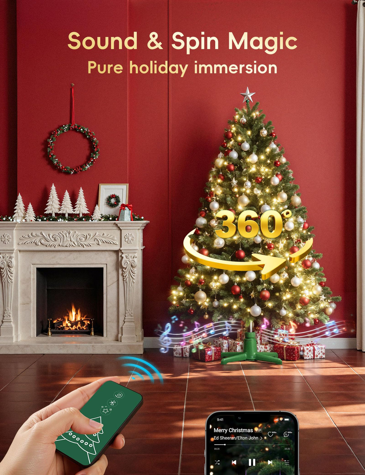 DG-Direct Musical 360° Rotating Christmas Tree Stand, Anti-tilt Noiseless, Up to 9ft 120 lb Artificial Fits 1.25–2" Tree Poles, Spinning Tree Stand with Remote, Built-in 3 Light Output Ports 800W DG-Direct