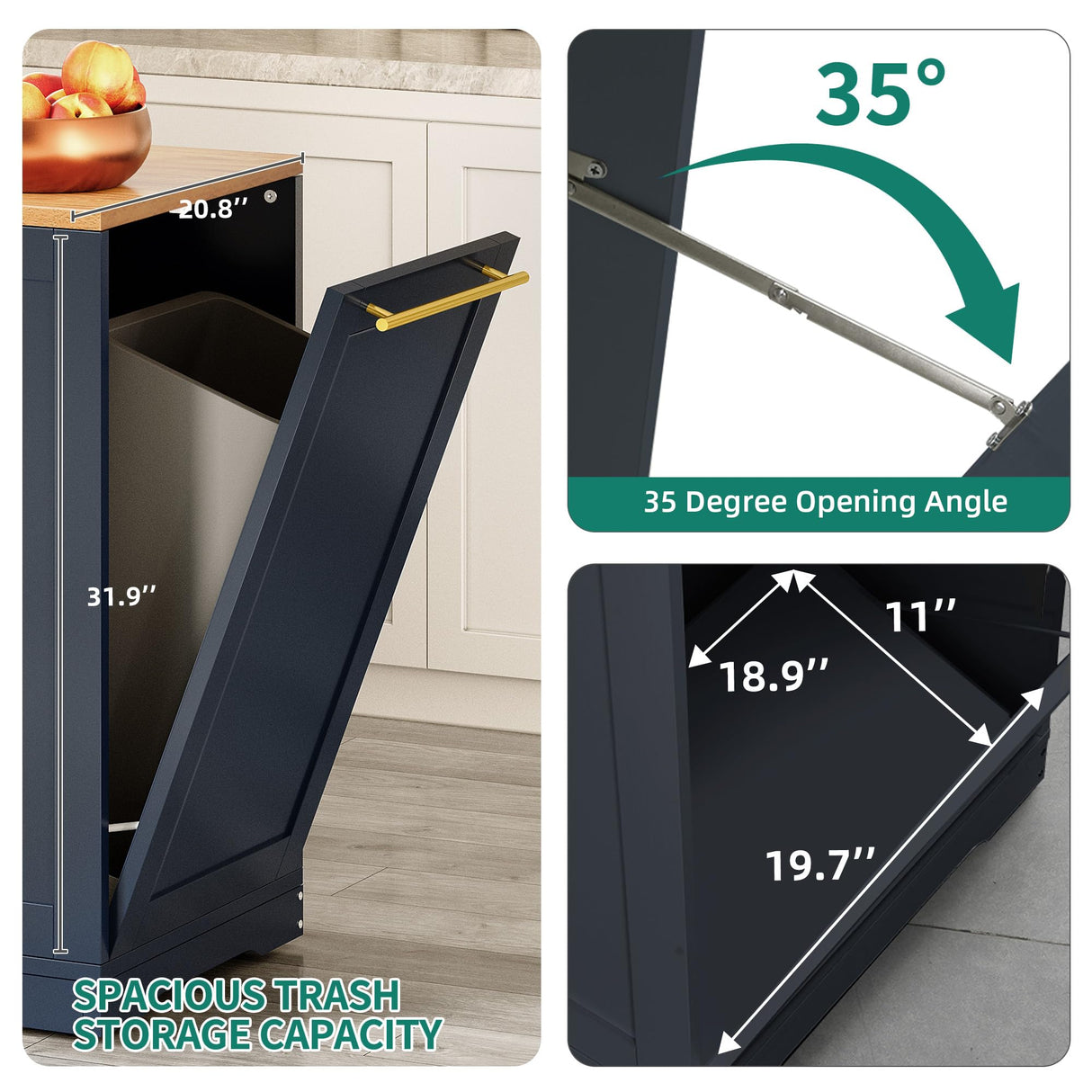 YITAHOME 53 inch Large Rolling Kitchen Island with Trash Can Storage Cabinet, Portable Mobile Islands Table Long Floating Movable w Wheels Cabinet for 13 Gallon Garbage Bin 2 Drawer, Navy Blue YITAHOME