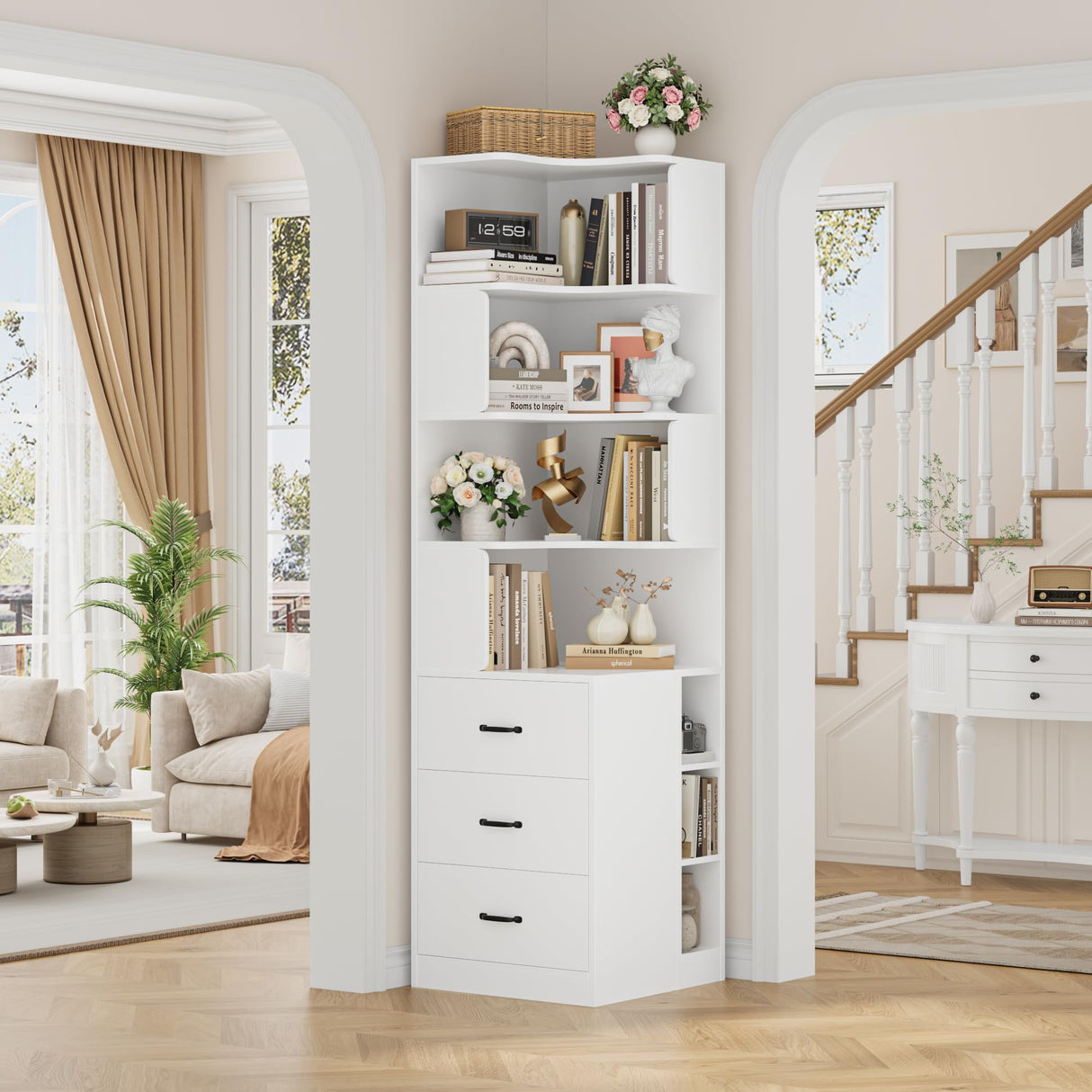 FACBOTALL 76.8” Corner Bookshelf with 3 Drawers and 3 Side Storage Cubbies, L Shaped Tall Bookshelf and Bookcase, 4 Tier Corner Bookcase, Wood Narrow Book Shelf for Living Room, Office, White FACBOTALL