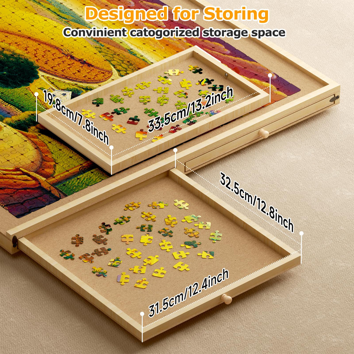 1500 Piece Puzzle Board, 35''x26'' Portable Puzzle Table, 6 Drawers, PP Cover, Lazy Susan Spinning Jigsaw Puzzle Table with Drawers and Cover, Wooden Puzzle Board, for All Age BEUSZATED