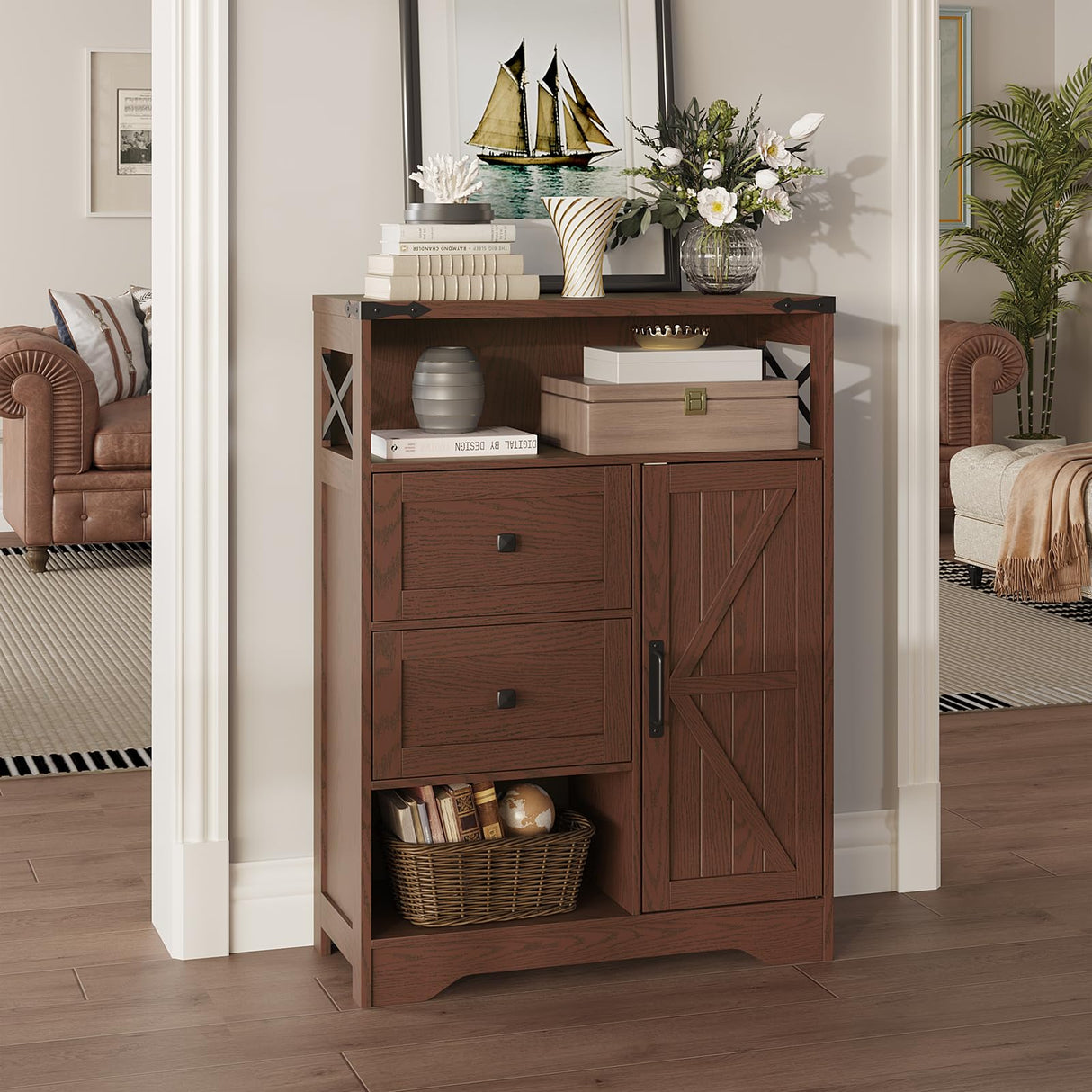 Fameill Farmhouse Storage Cabinet with 2 Drawers&Shelves,Freestanding Storage Cabinet with Doors&Open Storage,Floor Storage Cabinet for Living Room,Bathroom,Kitchen,Laundry,Red Walnut Fameill