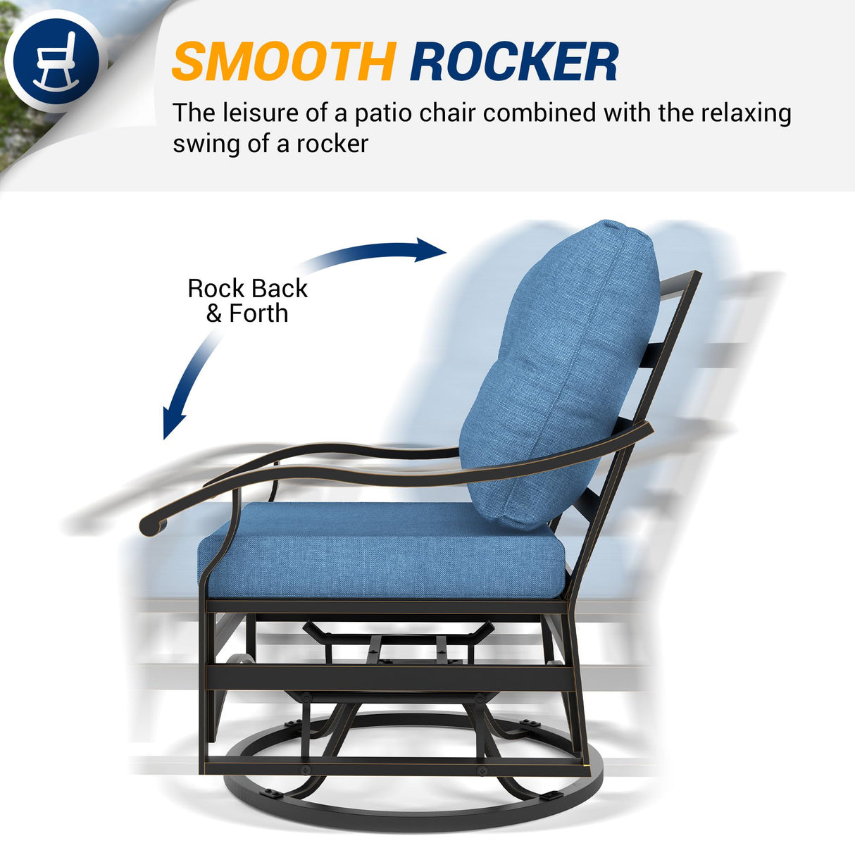 UDPATIO Outdoor Swivel Rocker Chairs, 3 Piece Metal Patio Rocking Chairs with Blue Padded Cushions Patio Bistro Furniture Set with Side Table for Porch Balcony Backyard, Blue UDPATIO