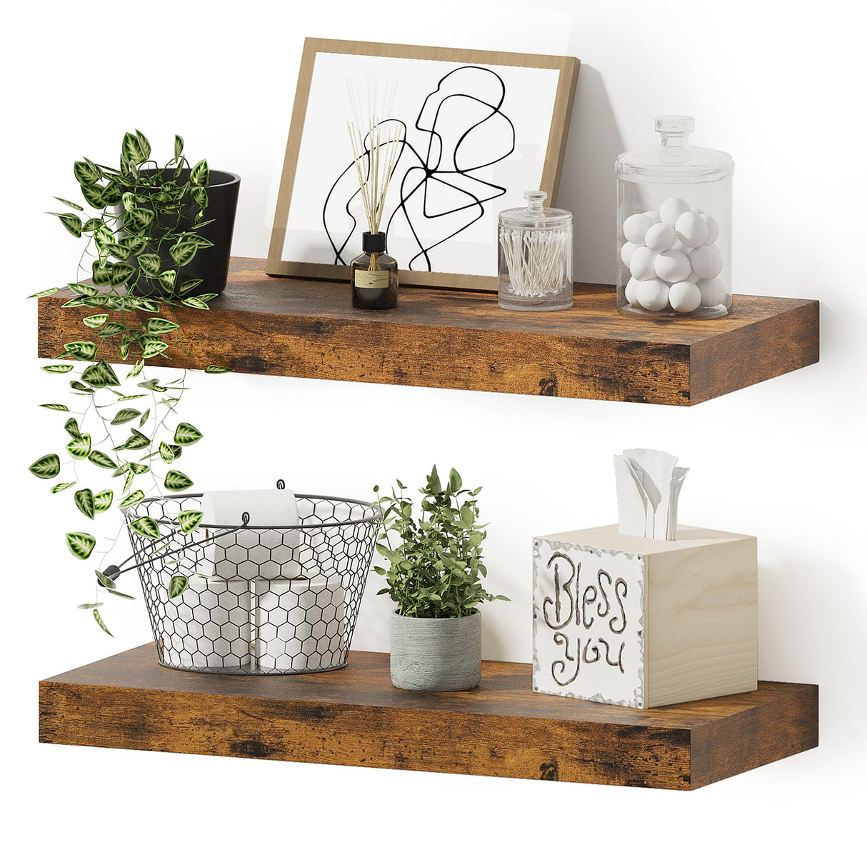 Bathroom Long Floating Shelves for Wall,Extra Deeper & Thicker Wall Mounted Storage Shelf for Living Room, Kitchen, Farmhouse,Wall Shelves with Invisible Brackets,Set of 2, Rustic Brown Vivelove