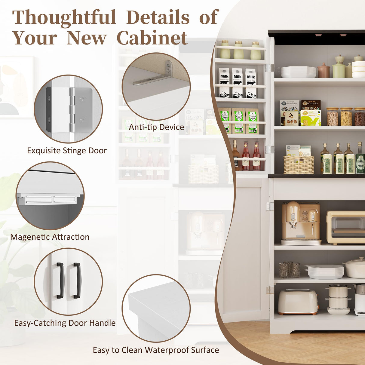 Shintenchi Kitchen Pantry Cabinet, Freestanding Farmhouse Storage Cabinet with 8 Door Shelves, 2 Cabinets and 1 Drawer, Tall Cupboard for Kitchen, Living Room, Dining Room and Bathroom, White Shintenchi