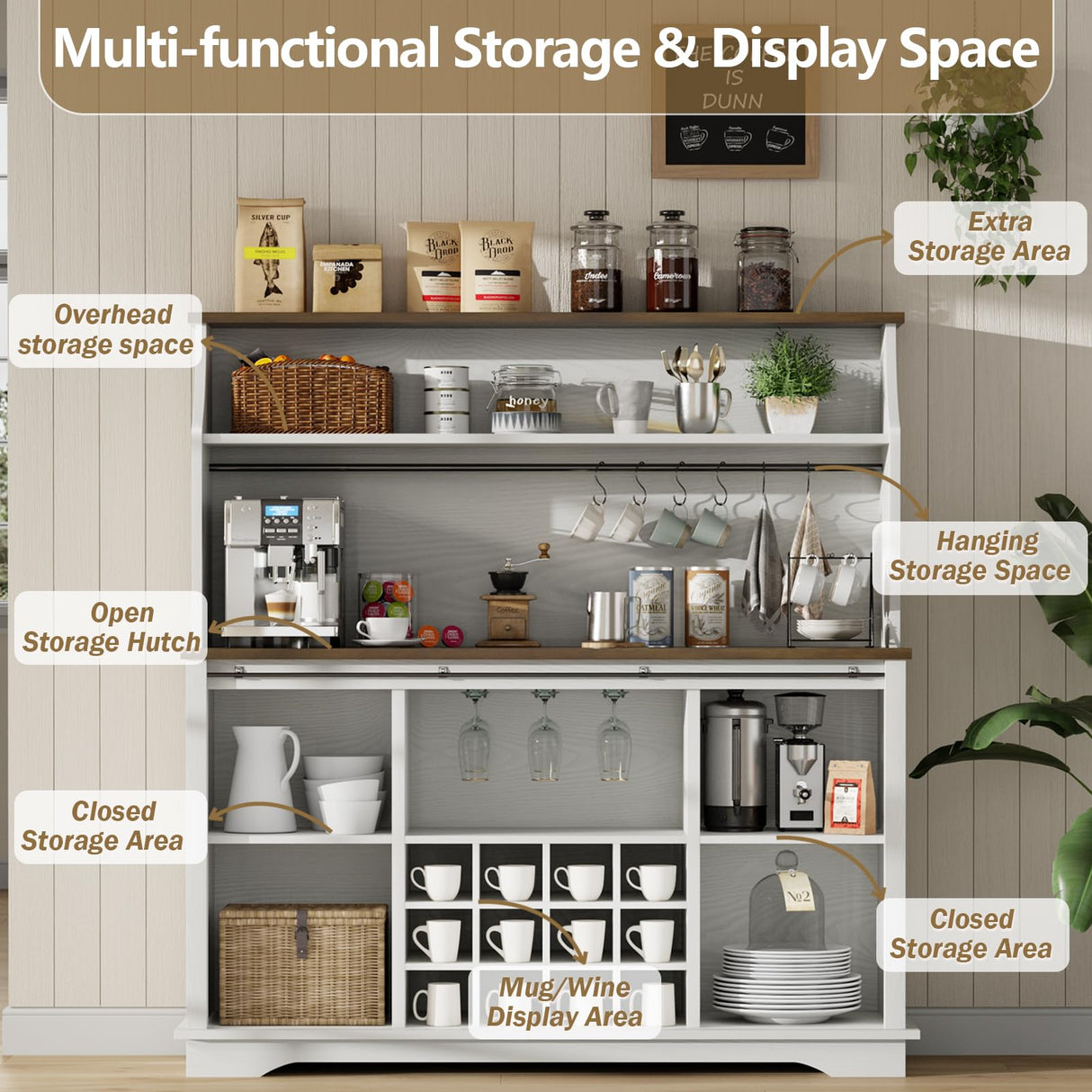 55" Farmhouse Coffee Bar with 3-Tier Storage, Kitchen Hutch Storage Cabinet with 6 Hooks, Wine Bar Cabinet with 12 Wine Racks & 3 Glass Holders, Hutch Cabinet with Storage for Dining Room, White REVOMINCA