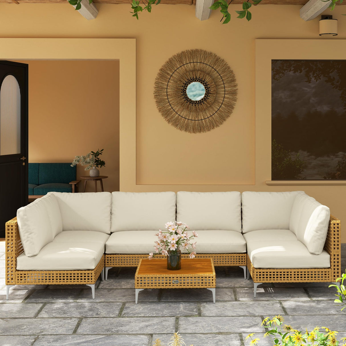 Outsunny 7 Piece Wicker Patio Furniture Set, Modular Outdoor Sectional with Thickened Cushions, Rattan Outdoor Furniture Conversation Set with Slatted Acacia Wood Table for Backyard, Khaki/Beige Outsunny