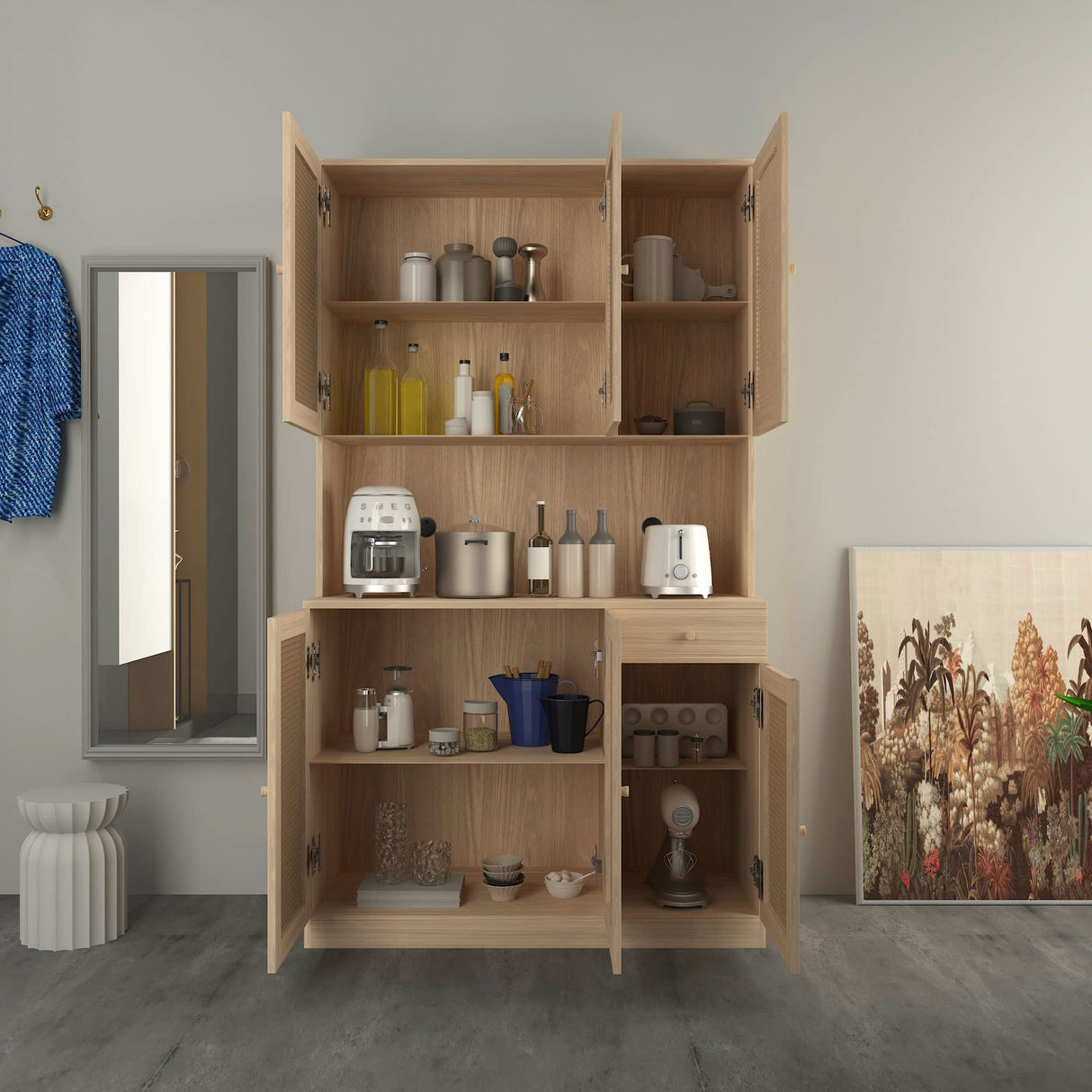 Wirrtory 71” Walnut Rattan Freestanding Kitchen Pantry Cabinet with 6 Doors and Drawer wirrytor