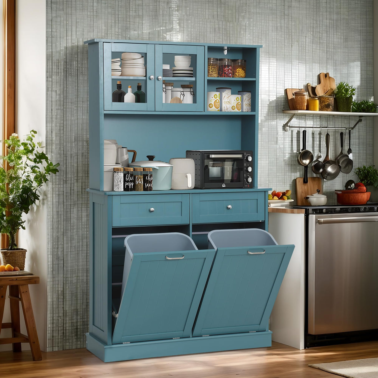 LOUVIXA Kitchen Pantry Storage Cabinet, Microwave Cabinet with Tilt Out Trash Cabinet,Tall Pantry Cabinet Cupboard, Freestanding Kitchen Hutch (Lake Blue) LOUVIXA