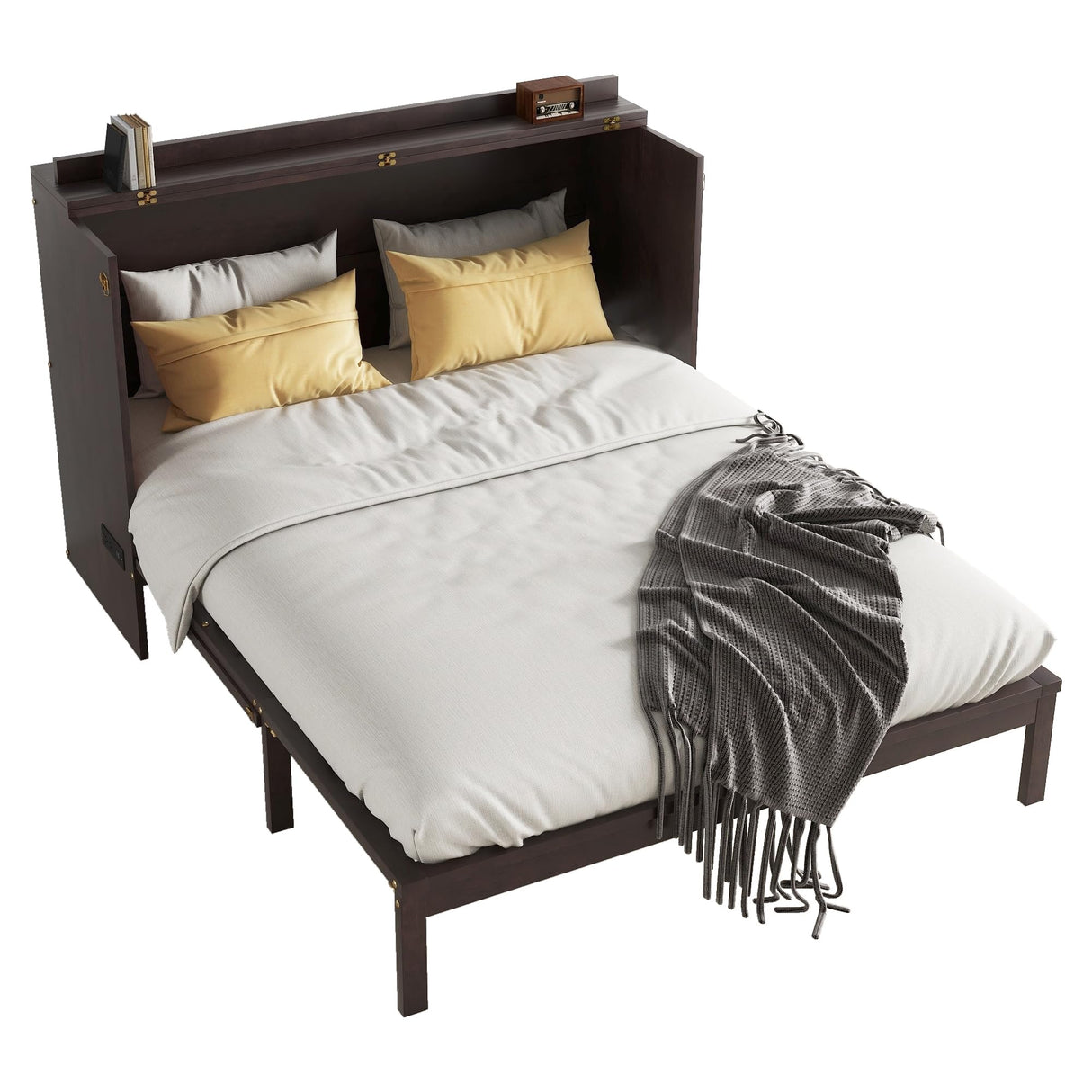 DNChuan Queen Size Murphy Cabinet Bed with Storage Drawer and Charging Station, Foldable Dresser Platform Bed with Oval Rattan Decoration Panel, Space Saving, Espresso DNChuan