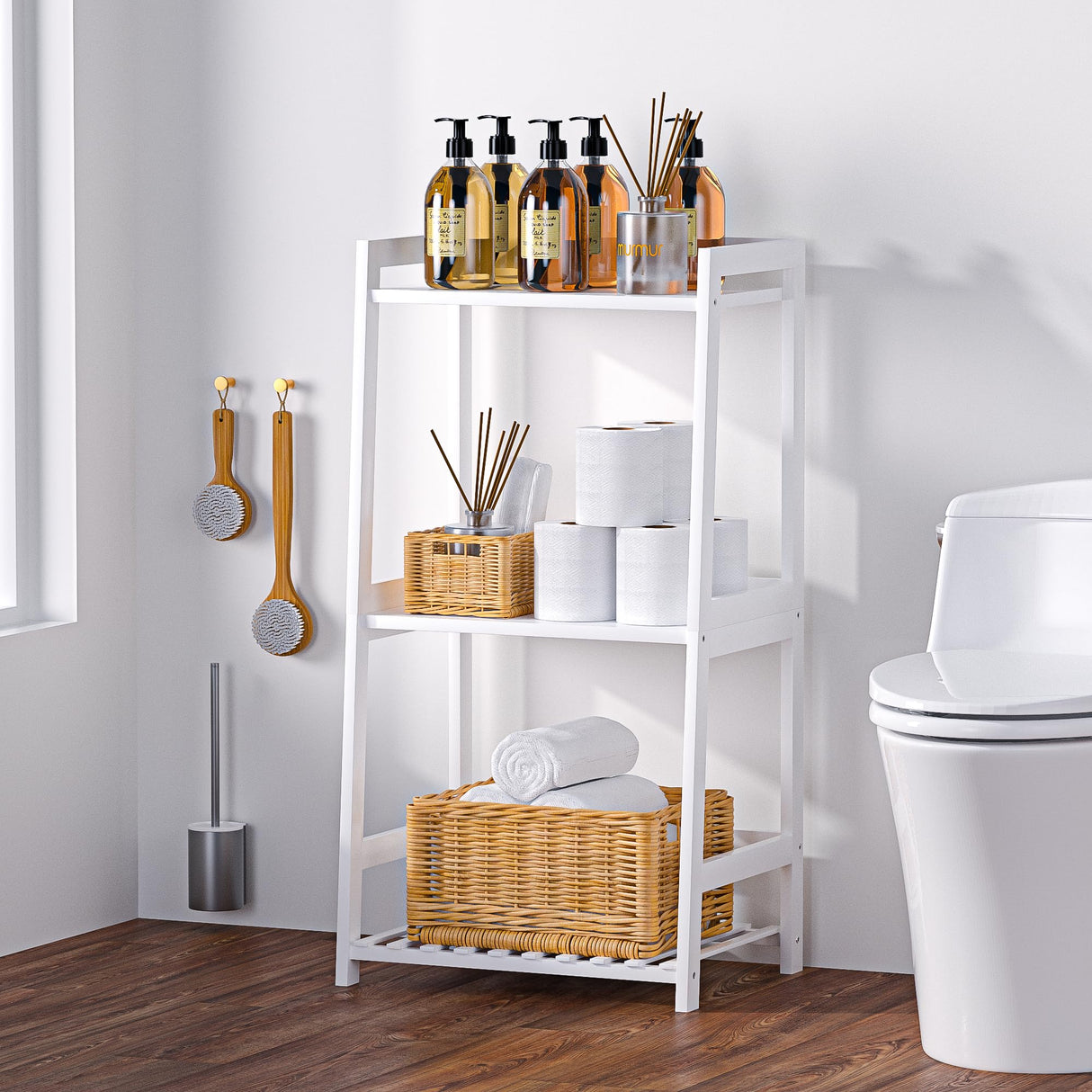 POXAKA 3-Tier Bamboo Ladder Shelf – Versatile Open Shelving for Any Room POXAKA